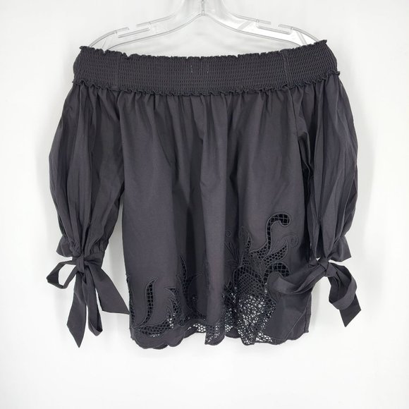 Chelsea28 Off The Shoulder Cropped Blouse XS Black ¾ Tie Sleeve Floral Cutout - Picture 11 of 12